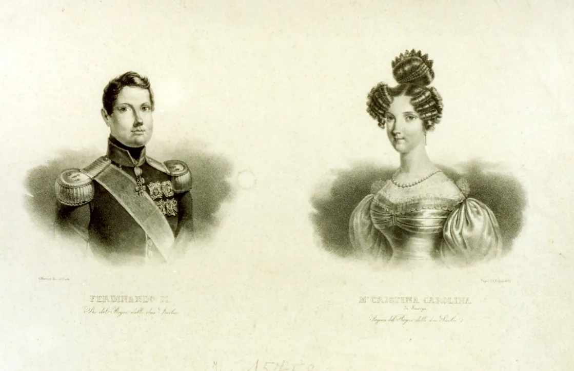 Ferdinando II di Borbone e Maria Cristina di Savoia in una litografia dell'epoca